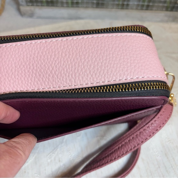 Kedzie Modernist Vegan Leather Double Zipper Small Crossbody. Wine color. - Picture 10 of 11